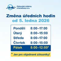 Změna úředních hodin OVAK Zákaznického centra v roce 2026 - pátky jen pro objednané zákazníky Změna úředních hodin OVAK Zákaznického centra v roce 2026 - pátky jen pro objednané zákazníky